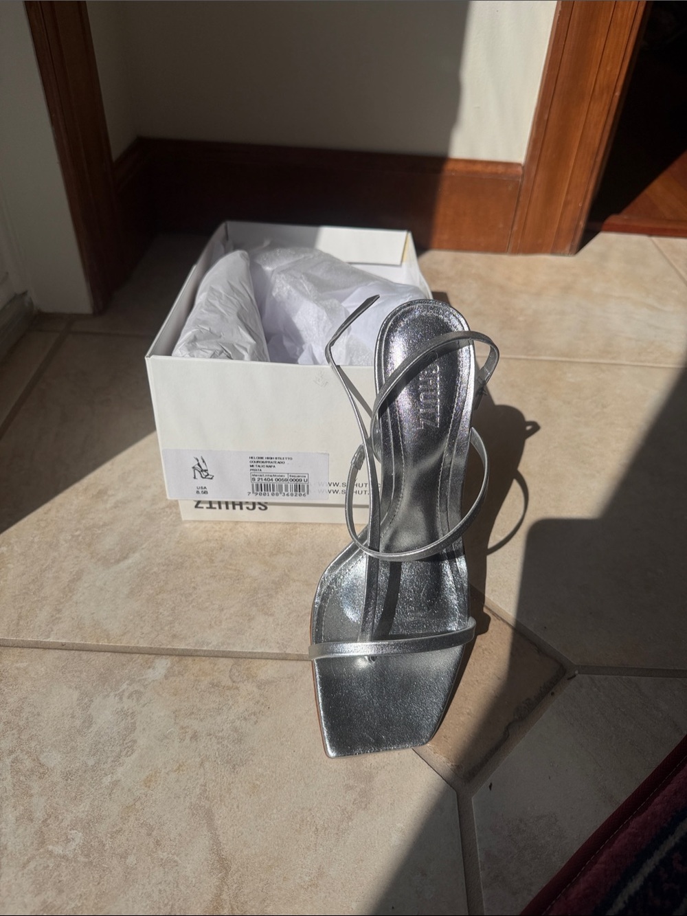 SCHUTZ Silver Metallic Strappy Square-Toe Heel Sandal